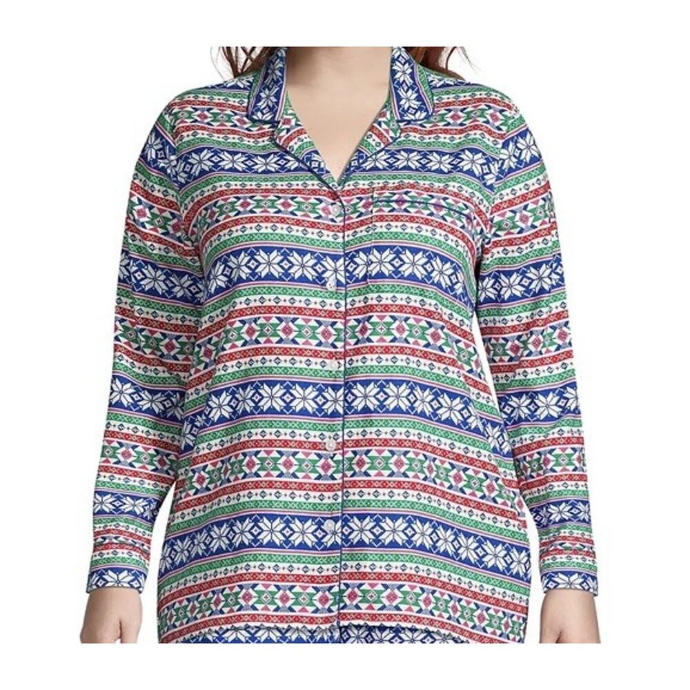 Lands' End Women’s Plus Size 1X Long Sleeve Flannel Pajama Top Ivory Cobolt Blue